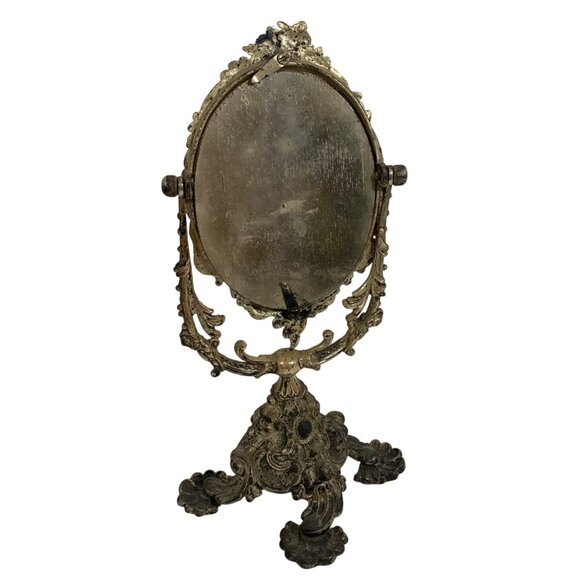 Antique Decorative French-Style Ornate Bronze Vanity Mirror Tilting Stand - Picture 4 of 9